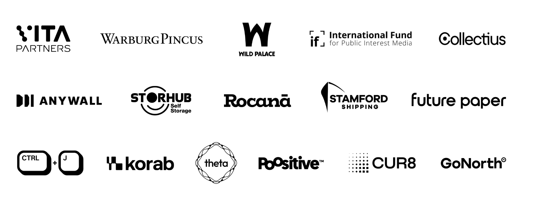 Our clients including Vita Partners, Warburg Pincus, Wild Palace, Collectius, Anywall, StorHub, Rocana, Stamford Shipping, Future Paper, CTRL+J, Korab, Theta, Positive, CUR8, and GoNorth